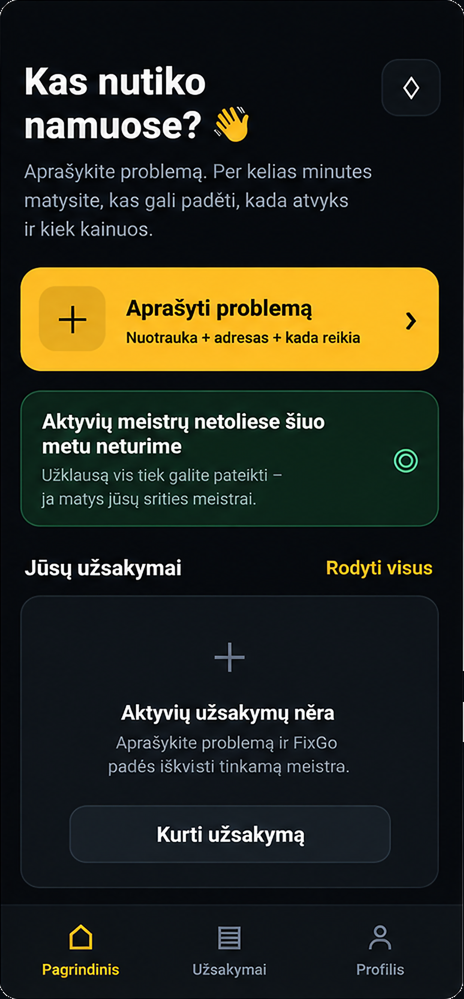 FixGo programėlės pagrindinis ekranas